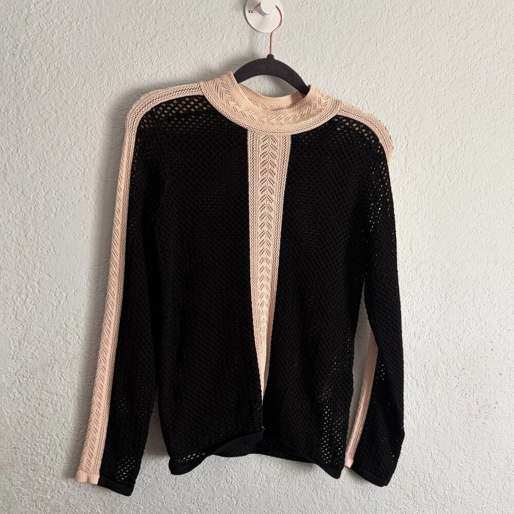 Open Knit Contrast Trim Mock Neck Top